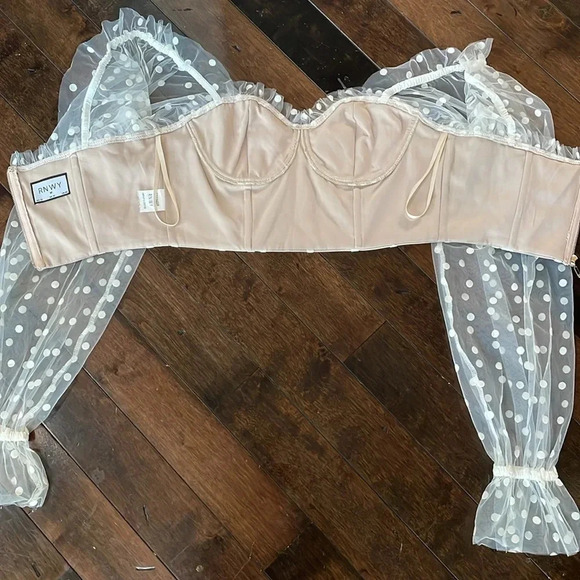 RNWY Runaway Bustier Corset Beige Polka Dot Tulle Sheer sleeves Womens size 6 - Picture 9 of 12